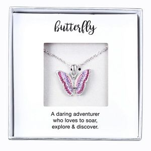 Butterfly Necklace SILVER TONE PURPLE GIFT BOX Valentines Anniversary Birthday